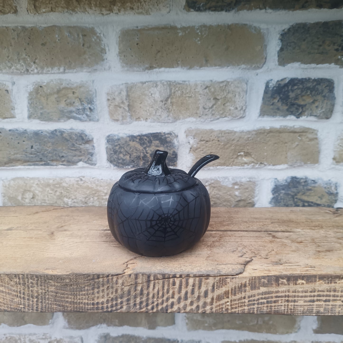 Matte Black Web Pumpkin Sugar Pot with Spoon